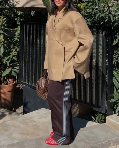 Chic Oversized Lapel Double Breasted Ruched Blazer Women 2026 Spring Khaki Elegant Puff Sleeve Casual Soft Daily Wear Outerwear
