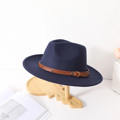 With Belt Buckle Felt Fedora Hats Fashion Vintage Wide Brim Panama Cap Soft Elegant Cowboy Cap Men Women