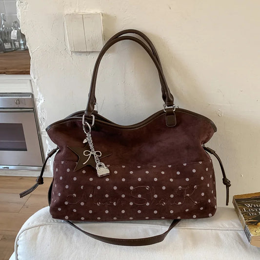 Vintage Frosted Tote Bag Casual Students Purse Large Capacity Shoulder Bag Polka Dot Drawstring Zipper Handbag With Star Pendant