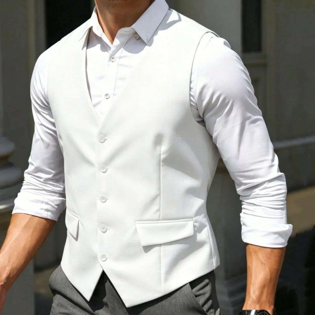 Men Vest White Single Breasted V Neck Solid Waistcoat For Wedding Banquet Business Party Work Office Casual Daily Men Suit Vest