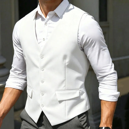 Men Vest White Single Breasted V Neck Solid Waistcoat For Wedding Banquet Business Party Work Office Casual Daily Men Suit Vest