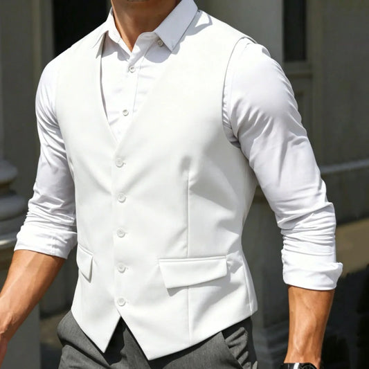 Men Vest White Single Breasted V Neck Solid Waistcoat For Wedding Banquet Business Party Work Office Casual Daily Men Suit Vest