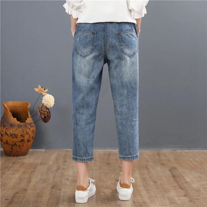 Chinese Summer Fashion Style Ladies Vintage Embroidery Jeans Womens Casual Floral Denim Trousers Ripped Harem Pants