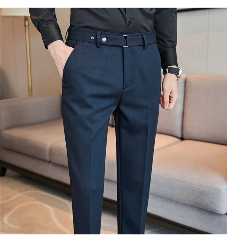 Fashion Belt Decoration Design Men's Suit Pants High Quality Business Slim Fit Casual Straight Formal Wedding Party Trousers