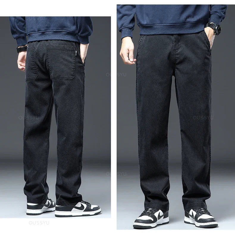 2025 New High Quality Soft Lyocell Fabric Jeans Men Elastic Waist Loose Straight Four Seasons Denim Trousers Male Plus Size 5XL