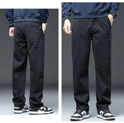 2025 New High Quality Soft Lyocell Fabric Jeans Men Elastic Waist Loose Straight Four Seasons Denim Trousers Male Plus Size 5XL