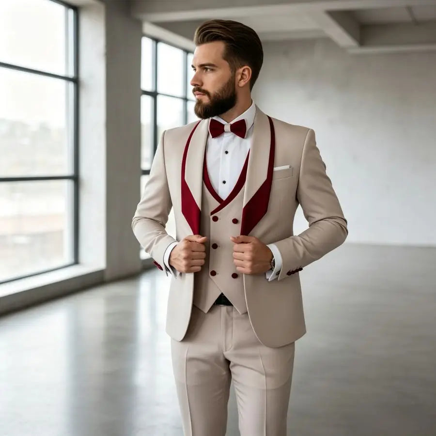 3 Pieces Men's Slim Fit Wedding Tuxedo Beige Groom Prom Dinner Blazer Vest Pants Set Classic Business Formal Suit for Men