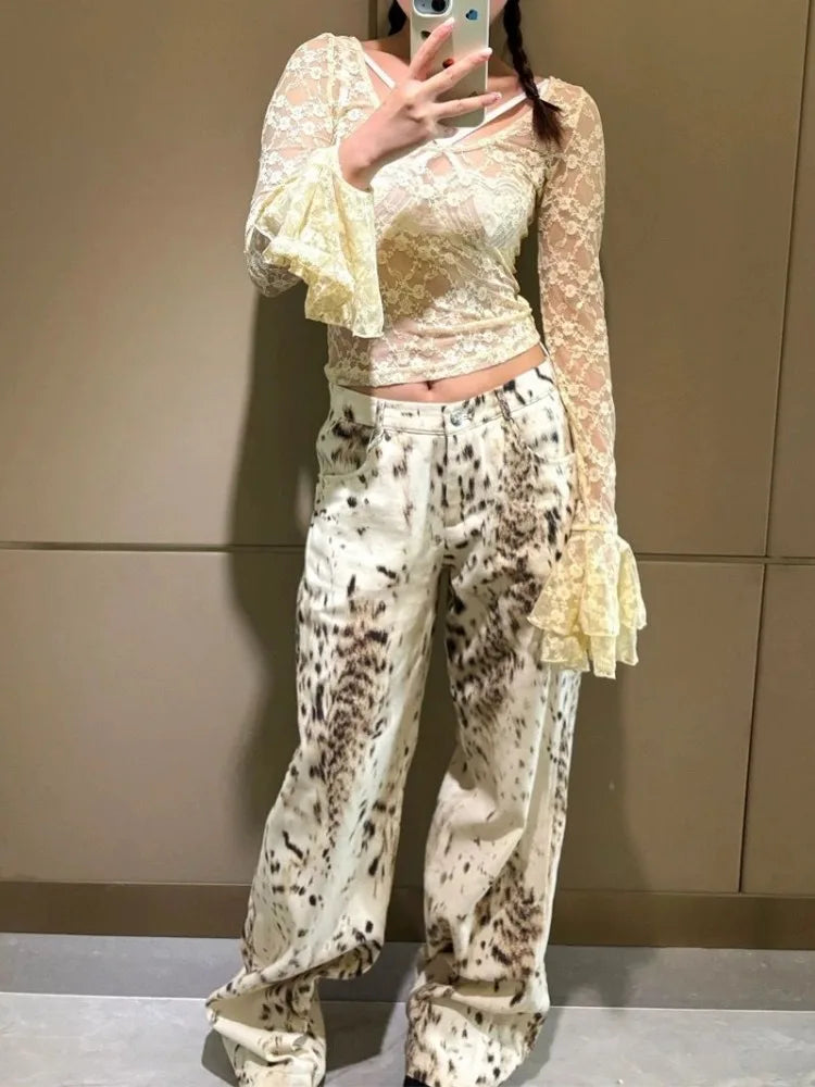 Harajuku Casual Style Jeans Leopard Print Vintage High Waist Loose Street Pants Women's Y2K Wide Leg Punk Baggy Denim Trouser