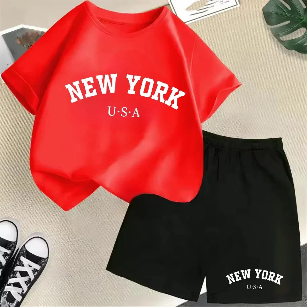 2026 New Kids Boys Girls New York Letter Pattern Cotton T-shirt+Shorts 2-Piece Set Casual Daily
