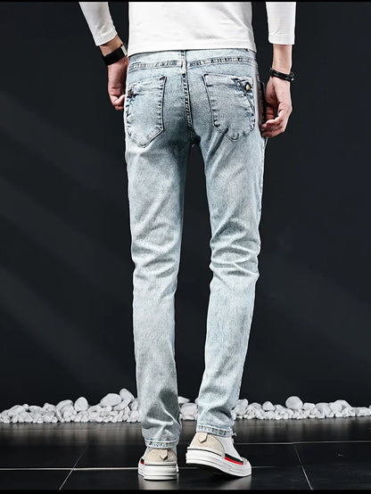 Slim Skinny Jeans Men New Elastic Korean Design Fashion Multi-Button Blue White Vintage Wash Cotton Stretch Denim Pants Trousers