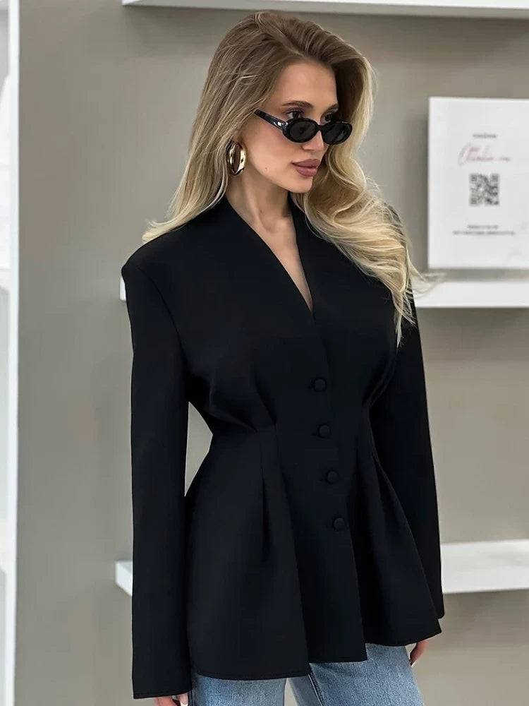 Elegant V-neck Tunics Black Suit 2026 Spring Women's Long Sleeve Single Breasted Slim Blazers Ruched Outerwear Streetwear