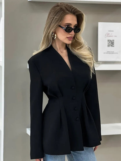 Elegant V-neck Tunics Black Suit 2026 Spring Women's Long Sleeve Single Breasted Slim Blazers Ruched Outerwear Streetwear