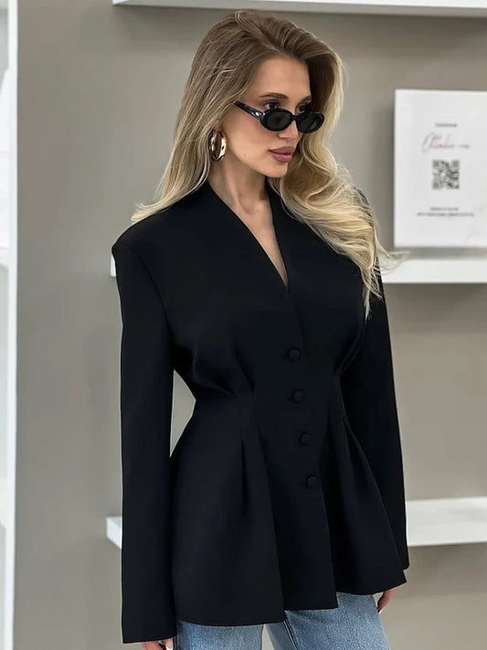 Elegant V-neck Tunics Black Suit 2026 Spring Women's Long Sleeve Single Breasted Slim Blazers Ruched Outerwear Streetwear