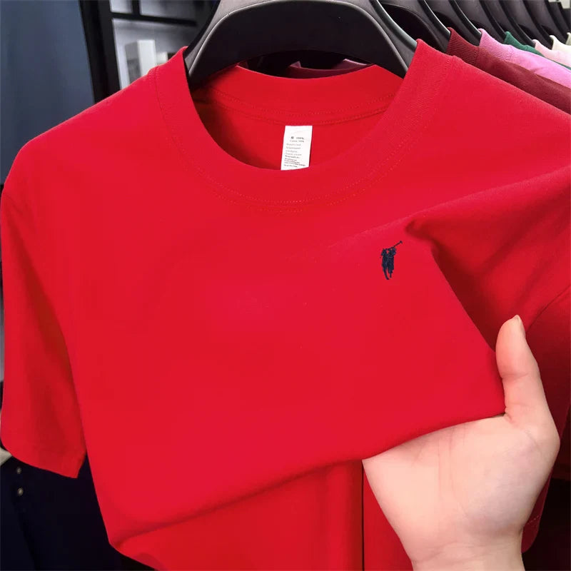 Xiaoma Embroidery Casual Pure Cotton Short Sleeved T-shirt for Young Men, Round Neck Solid Color T-shirt for Men