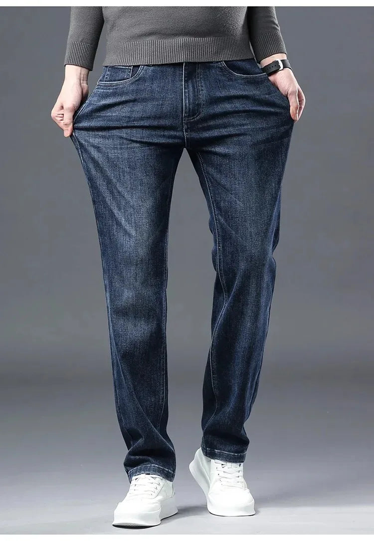 2026 Four Seasons Fashion Brand Straight Leg Jeans Men Business Casual Loose Stretch Long Pants Trousers
