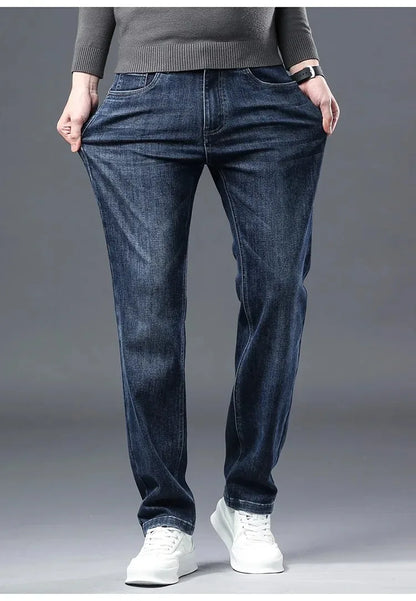 2026 Four Seasons Fashion Brand Straight Leg Jeans Men Business Casual Loose Stretch Long Pants Trousers