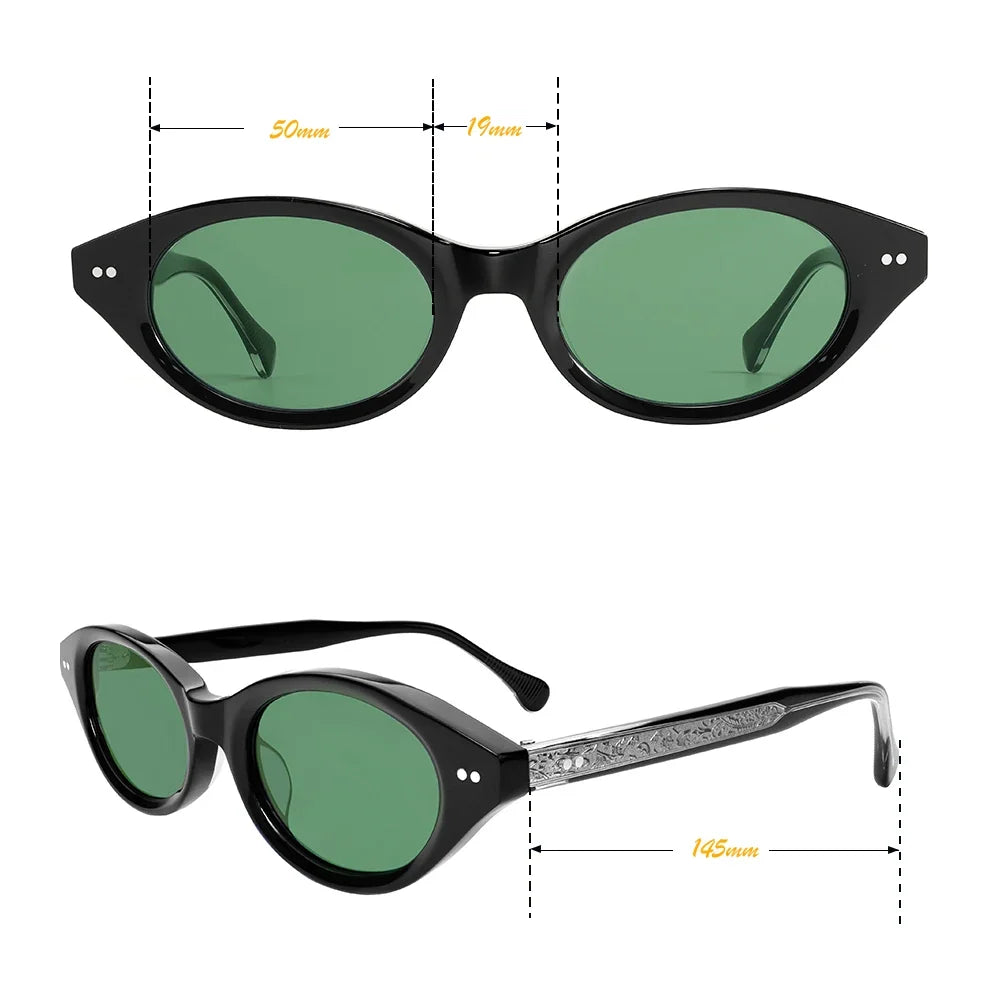 Vintage Oval Sunglasses Women Luxury Silver Carved Temples Acetate Sun Glasses Retro Small Frame Black Shades UV400