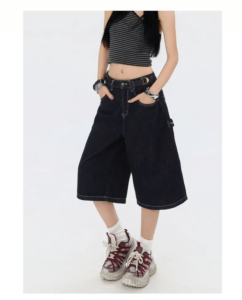 American High Street Fashion Loose Denim Shorts Retro Wide Leg Crop Pants Women Y2k High Waisted Embroidery Casual Mid Trouser