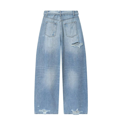 2025 women's new street fashion fold waist mid waist washed ripped jeans loose version of the floor-length pants