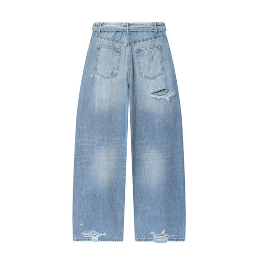 2025 women's new street fashion fold waist mid waist washed ripped jeans loose version of the floor-length pants
