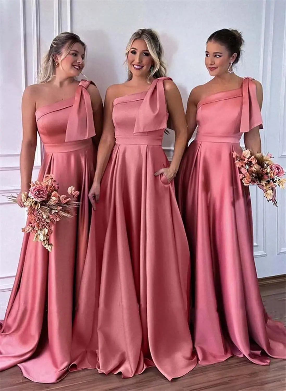 One Shoulder Large Bow Bridesmaid Dress with Pleated Satin and Pockets Simple ,Stylish Ball Dressadies' Guest One Shoulder Dress