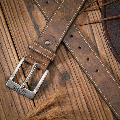 Men - Women - Western Denim - PU Leather - Belt - Vintage Jeans with Carved Buckle Brown Belt