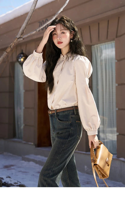 French Autumn Winter Button Up Lantern Long Sleeve Shirts Women Ruffle Neck Thick Warm Blouse Flannel Shirt MXC56X1320