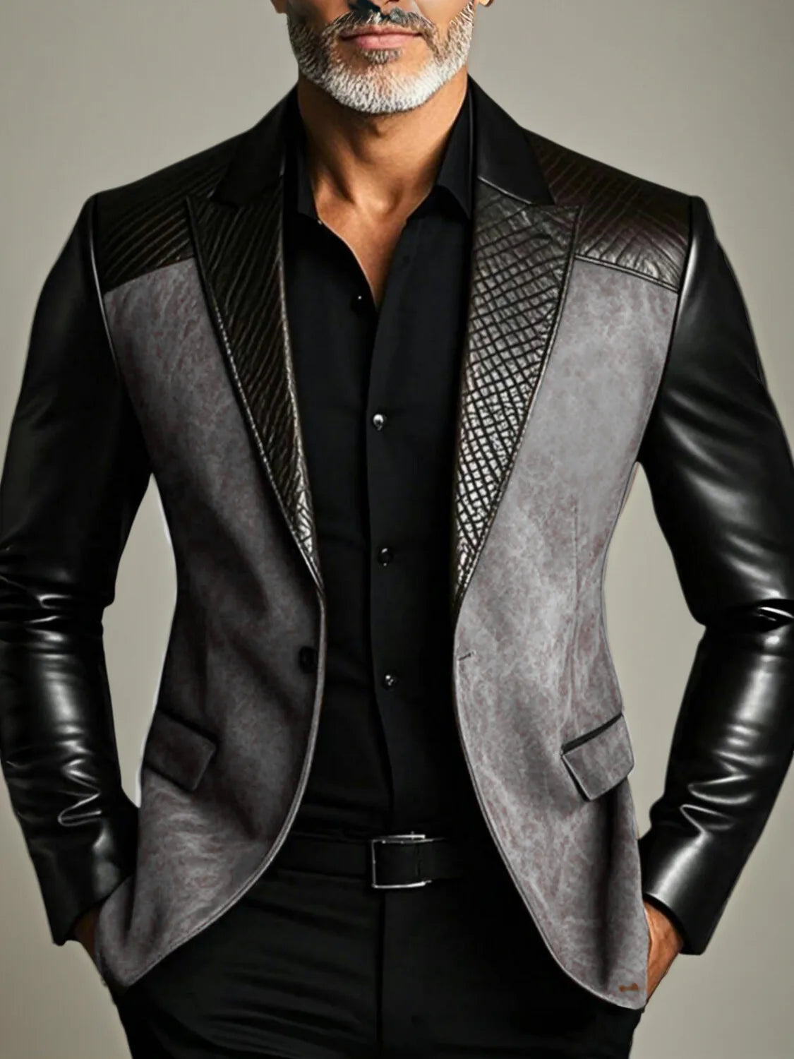 Classic Men's Designer Suit Coat PU Sleeve Splicing Notched Lapel Tuxedo Peaked Breasted Groom Wear Business Party Blazer