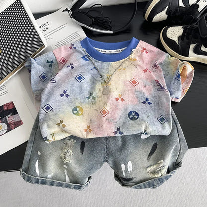 New Summer Suits for Baby Clothing Kids Various Graphic Prints Tshirt + Ripped Jeans 2pcs/sets Toddler Boy Fashion Clothing