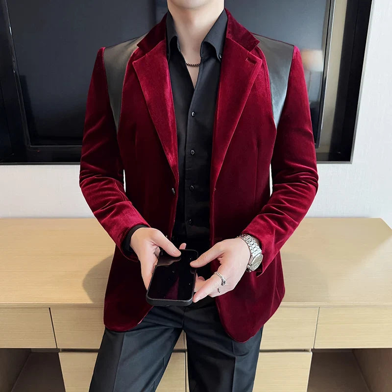 Autumn Winter New Men Mercerized Velvet Slim Fit Suit Coats Fashion Leather Splicing Casual Business Formal Party Tailcoat 4XL-M