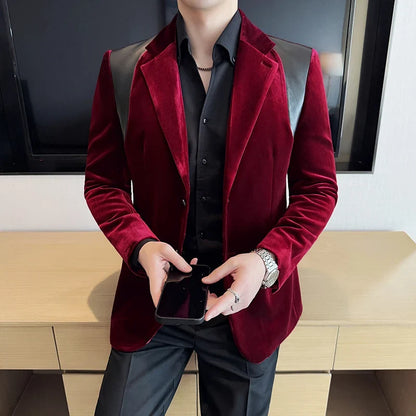 Autumn Winter New Men Mercerized Velvet Slim Fit Suit Coats Fashion Leather Splicing Casual Business Formal Party Tailcoat 4XL-M