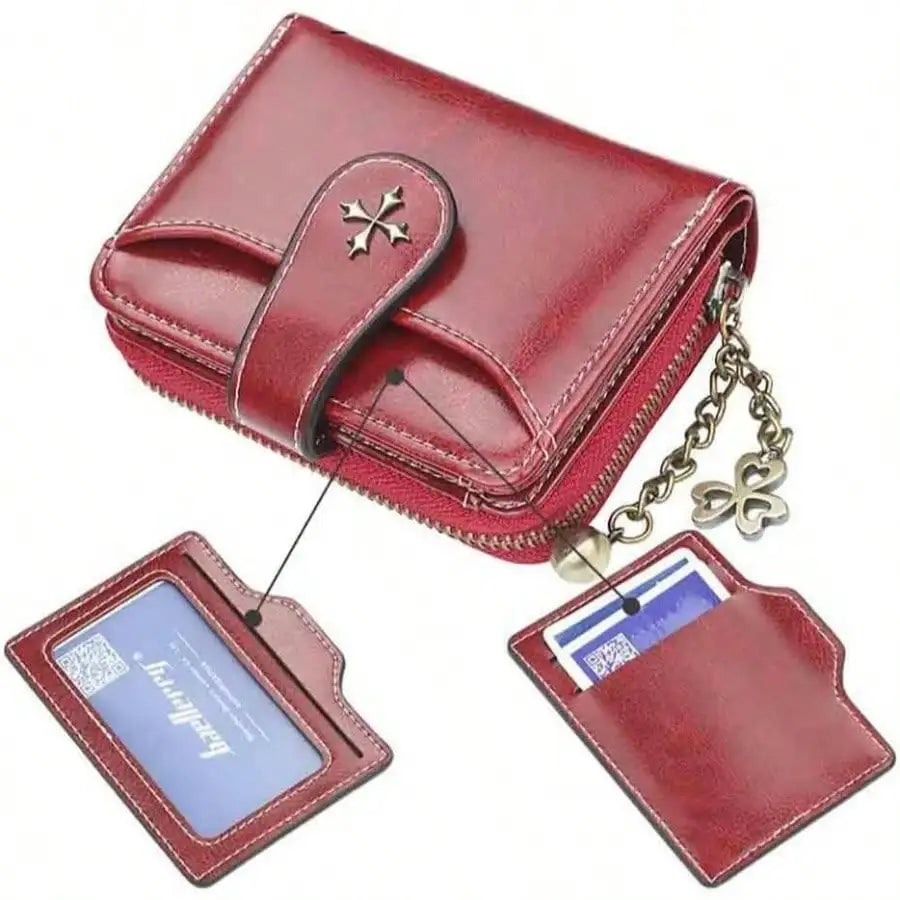 Women’s Retro Small Wallet – Mini Leather Credit Card Holder, Double-Fold Design with Zipper, Compact Aesthetic Wallet