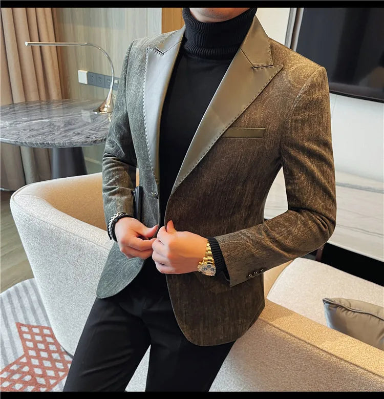 2025 Fashion Leather Neck Spliced Suit Jacket Luxury Men's Business Slim Fit Social Formal Blazers Coats Wedding Groom Tuxedos