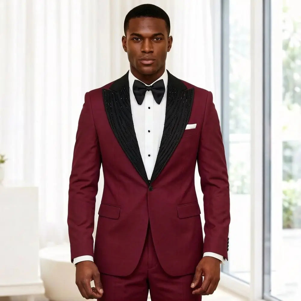 2 Pieces Men Suits Slim Fit Beaded Wedding Prom Tuxedo Shawl Lapel Single Decorative Button Formal Groom Party Office Wear