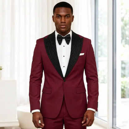 2 Pieces Men Suits Slim Fit Beaded Wedding Prom Tuxedo Shawl Lapel Single Decorative Button Formal Groom Party Office Wear