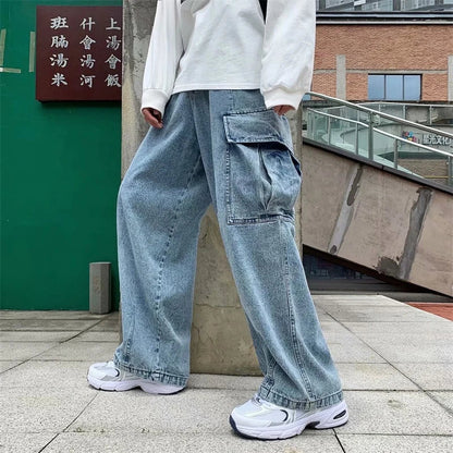 Baggy Jeans Men's Oversize Streetwear Fashion Wide Leg Cargo Pants Hip Hop Harajuku Multi-Pocket Denim Trousers Black Blue