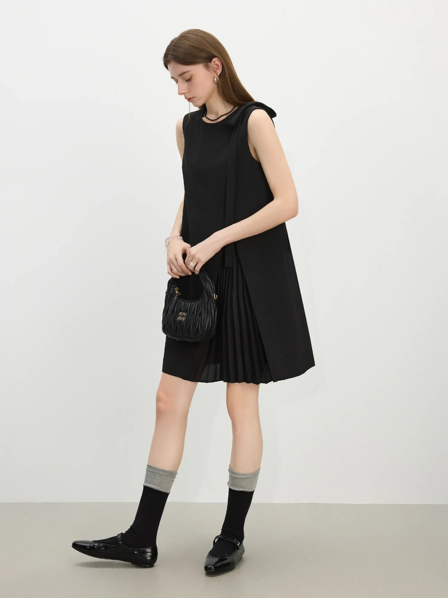 2025 Summer Petite Textured Pleated Dress - Artisan Bow Accents & Flared A-Line Silhouette for Casual Chic 25FS12622