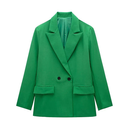 Women Fashion With Pockets Solid Double Breasted Blazer Vintage Long Sleeves Notched Neck Female Office Lady Outfits