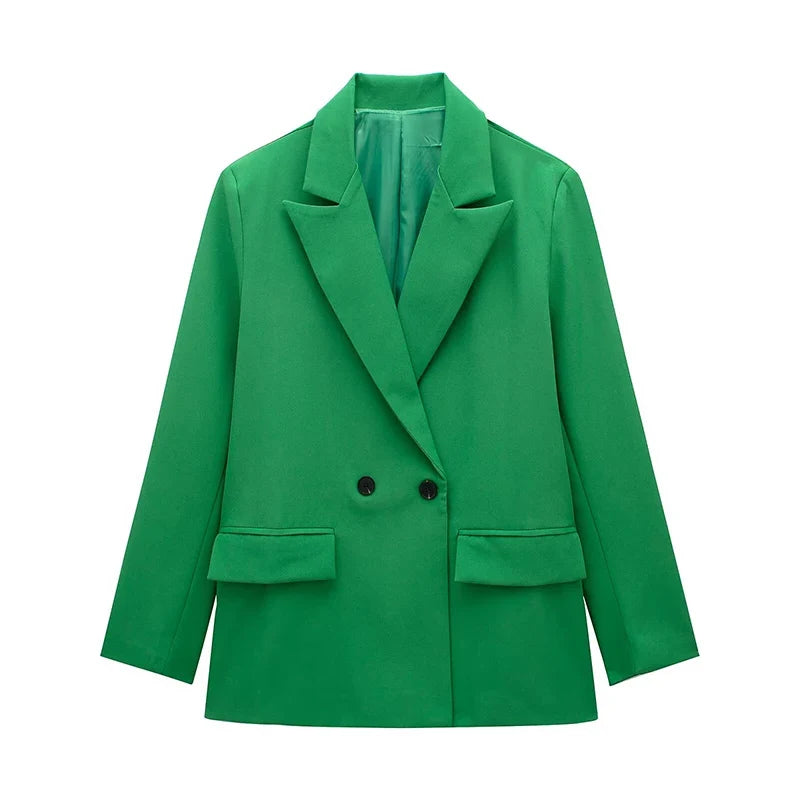 Women Fashion With Pockets Solid Double Breasted Blazer Vintage Long Sleeves Notched Neck Female Office Lady Outfits