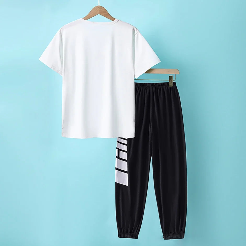 2-pcs Summer Youth Fashion Letter Set 13-16 Year Old Boys and Girls Simple and Versatile Letter Short Sleeve T-shirt Black Pants