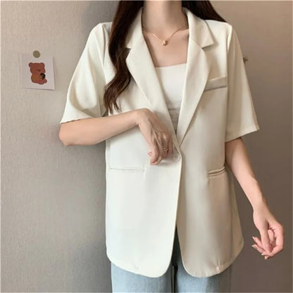 2026 Female Short Sleeved Suit Coat Women Summer Loose Fitting Solid Color Blazer Jacket Ladies Korean Leisure Tops Outerwear