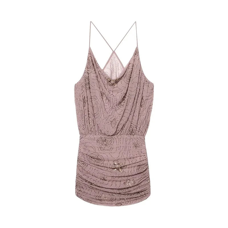 Sequin Tulle Mini Dress Women Ruched Slip Short Dresses for Woman Luxury Party Women's Dress Sexy Backless Dress Women