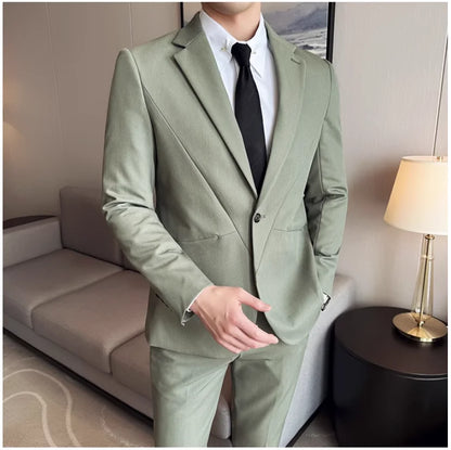(Jacket+Pant) New Men Pure Color Business Social Wedding Party Suit Fashion Male Banquet Party Slim Fit Dress Blazer and Trouser