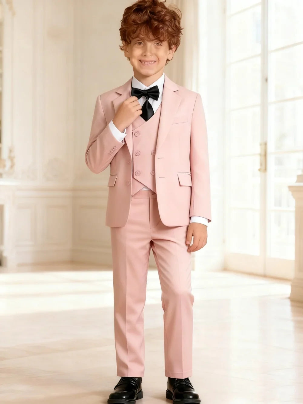 Trendy Pink Solid Suit Set For Kids For Wedding Party Graduation Communion Back-To-School Children Tuxedo Set 4 Pcs Suits