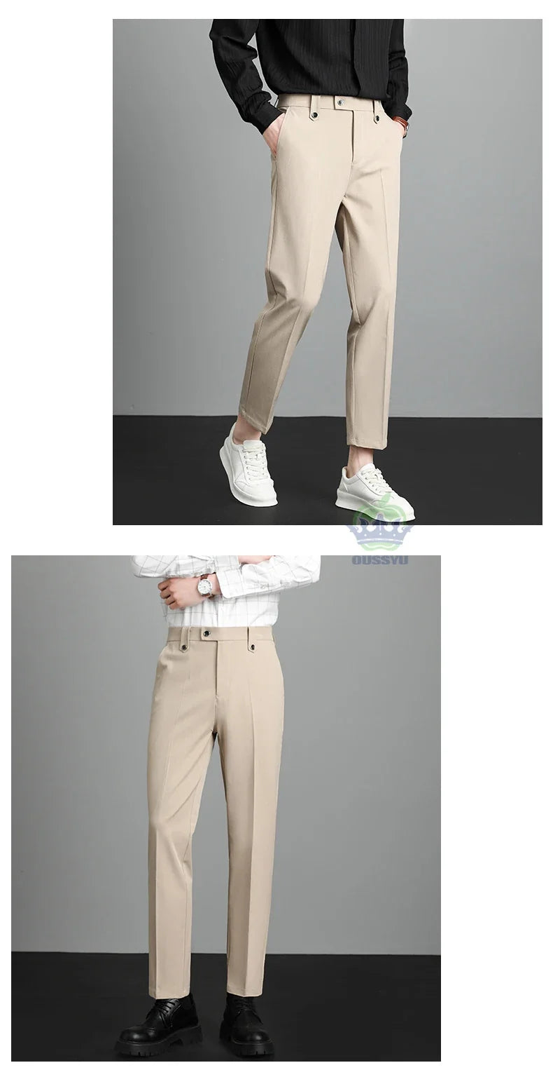 Brand High Quality Business Suit Ankle Length Pants Men Grey Khaki Waist Design Work Office Formal Long Trousers Male