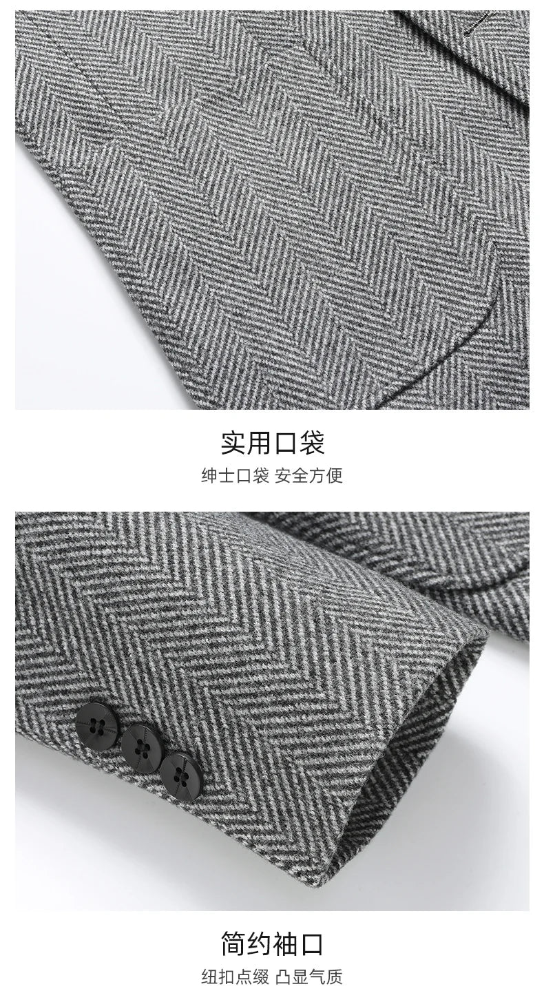 Men's Wool Blazer Herringbone Pattern Casual Business Suit Jacket Comfortable and Stylish Coat