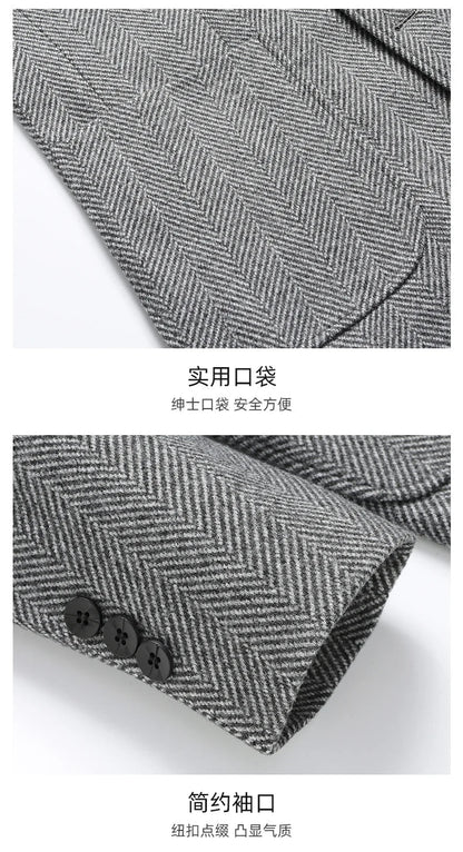 Men's Wool Blazer Herringbone Pattern Casual Business Suit Jacket Comfortable and Stylish Coat