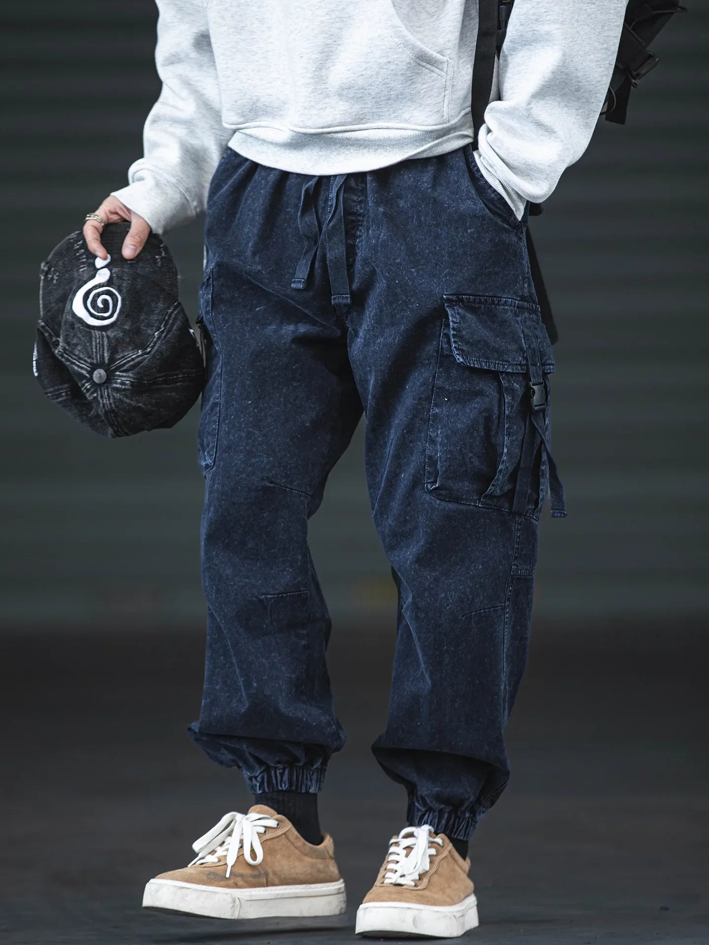 Oversized Baggy Vintage Washed Cargo Pants Men Loose Fit Drawstring Cuffed Retro American Style Streetwear Hip Hop Utility Pants