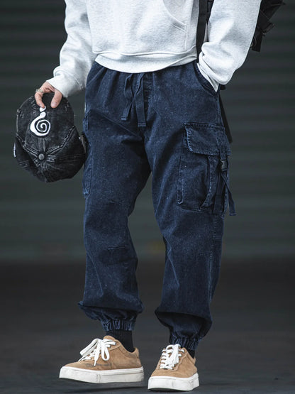 Oversized Baggy Vintage Washed Cargo Pants Men Loose Fit Drawstring Cuffed Retro American Style Streetwear Hip Hop Utility Pants