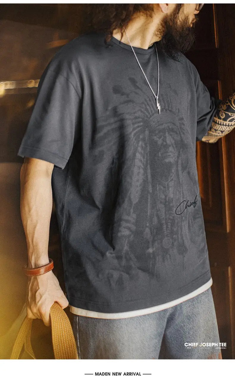 Vintage Navajo Print Short Sleeve T-Shirt Men's Summer Heavyweight Cotton Tee Letter Embroidered Loose Fit Crew Neck Tops